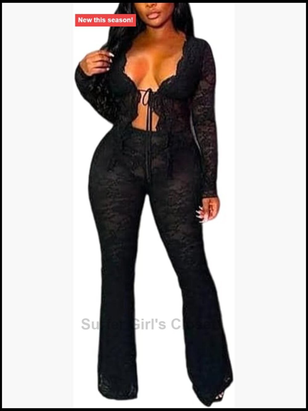Sexy Lace & Mesh 2 Piece Set Tie Front Crop Top Skinny Flare Pants Club Outfit